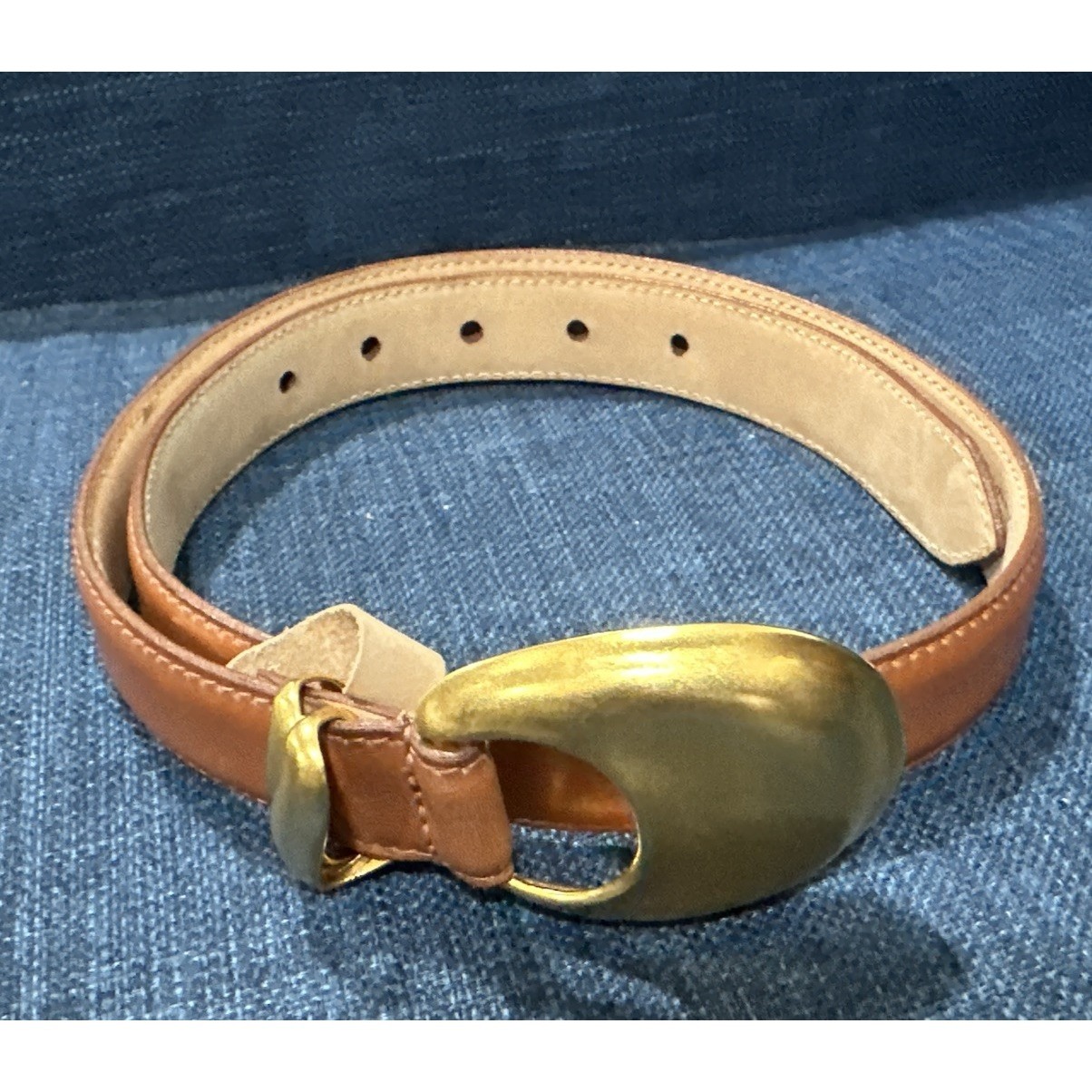 Robert Lee Morris Leather Belt Small Gold Plated Buckle Light Brown 90s Vintage